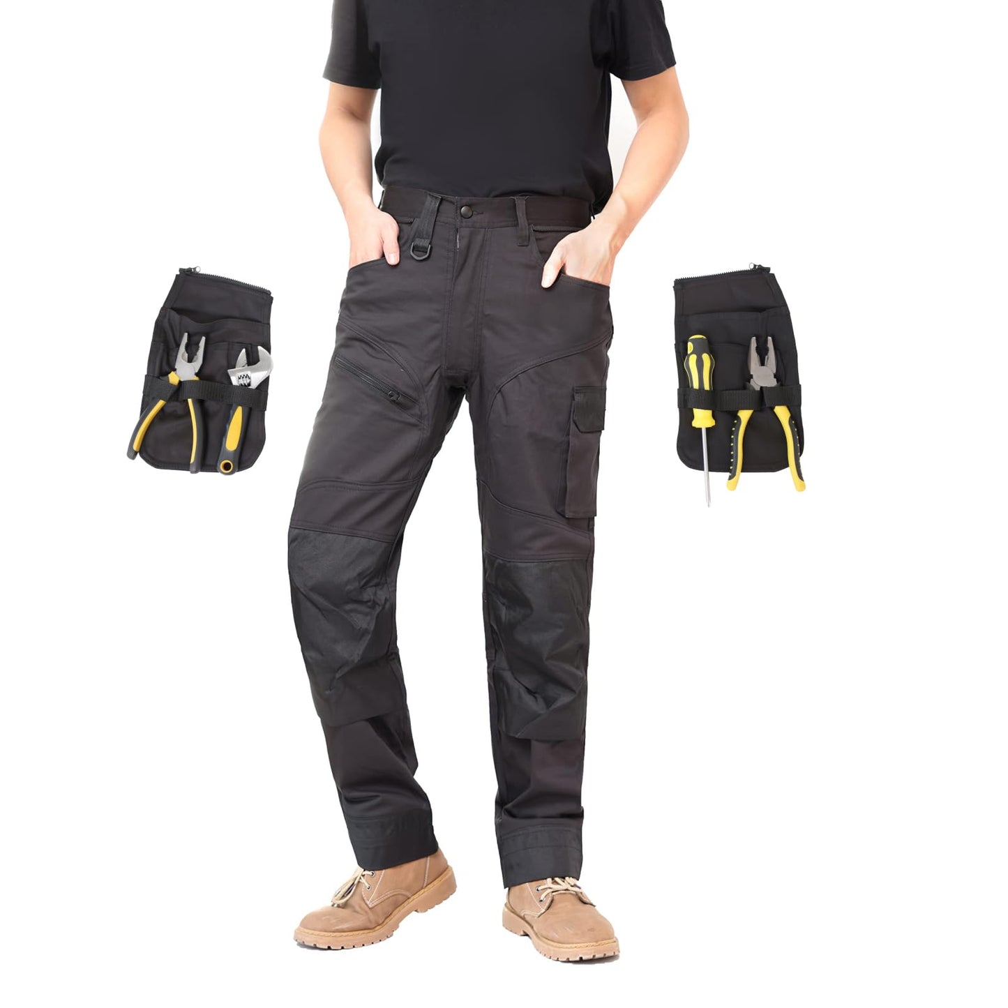 WORK IDEA Men's Work Trousers, Trousers with Multifunctional Pockets, Trousers with Removable Flight Pockets, Oxford Knee Pockets, Cotton Stretch Trousers