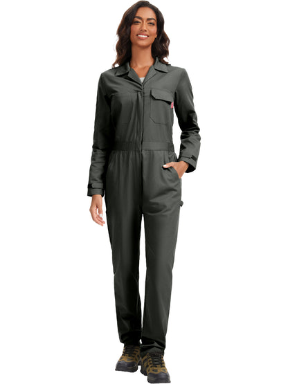 WORK IDEA Women's Long Sleeve Coveralls - 100% Cotton Work Jumpsuits Action Back And Utility Pockets with Hook