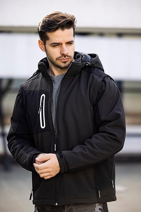Softshell Jacket Men's Water-Repellent Breathable 2-in-1 Vest Removable Sleeves + Hood Rain Jacket Winter Work Jacket Outdoor Hiking