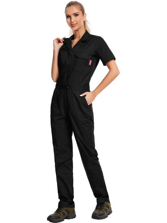 WORK IDEA Women's Short Sleeve Coverall Lightweight Snap-Front Cotton Work Jumpsuit
